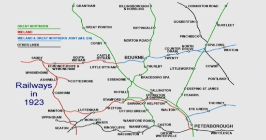 The former railway network in and around Bourne in 1923.