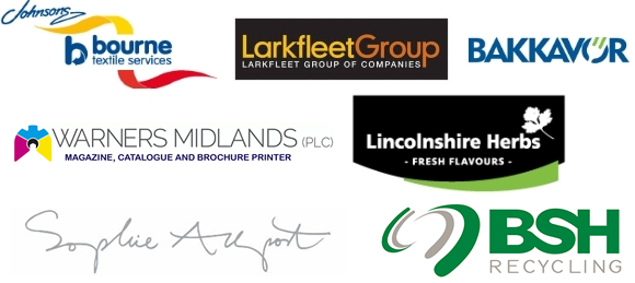 Bourne Textile Services, The Larkfleet Group, Bakkavor, Warners Midlands, Lincolnshire Herbs, Sophie Allport, BSH Recycling Bourne Textile Services, The Larkfleet Group, Bakkavor, Warners Midlands, Lincolnshire Herbs Logos