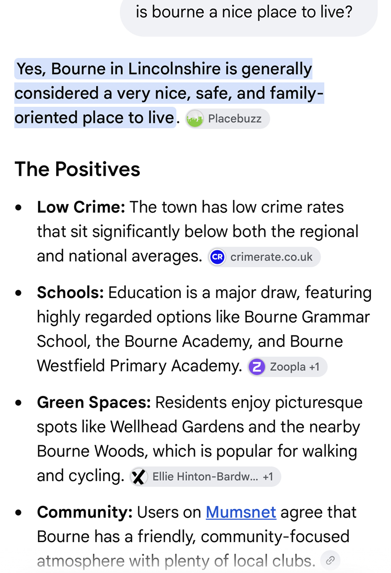 Google search for Is Bourne a nice place to live?