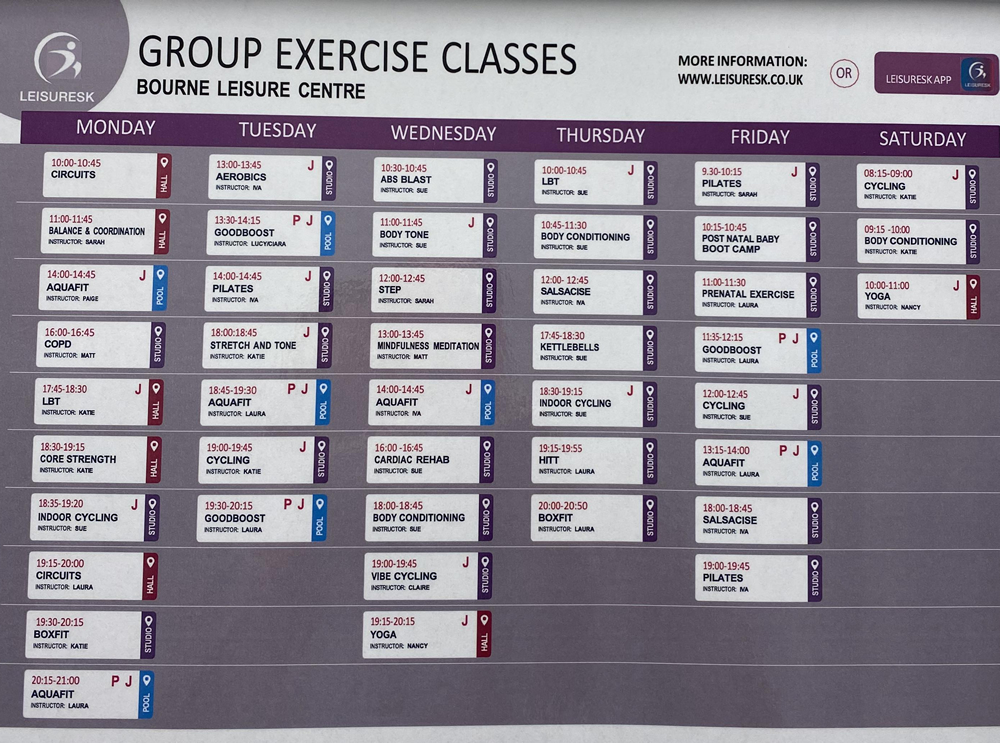 Group Classes Time Table at Bourne Leisure Centre