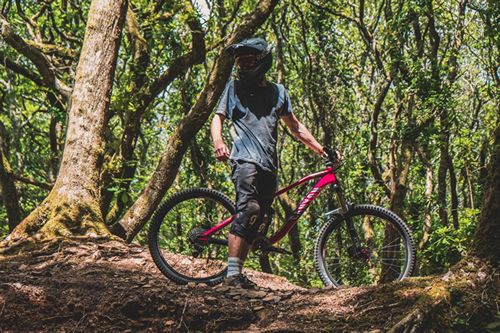 Boy on mountain bike in woods